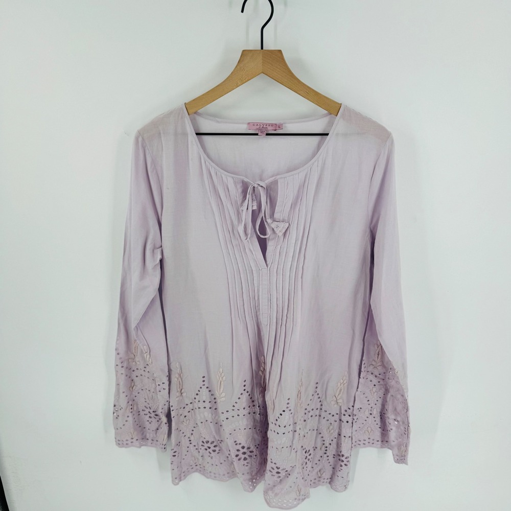 Calypso St Barth Lavender Cotton Eyelet Embroidered Tunic Top Size L Fairy Boho